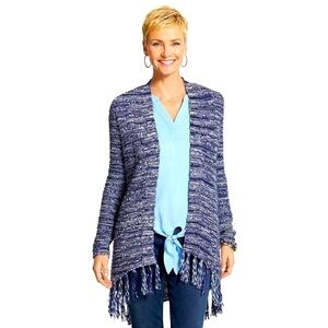 Chicos blue marled nubby Cotton blend midweight cardigan with fringe large